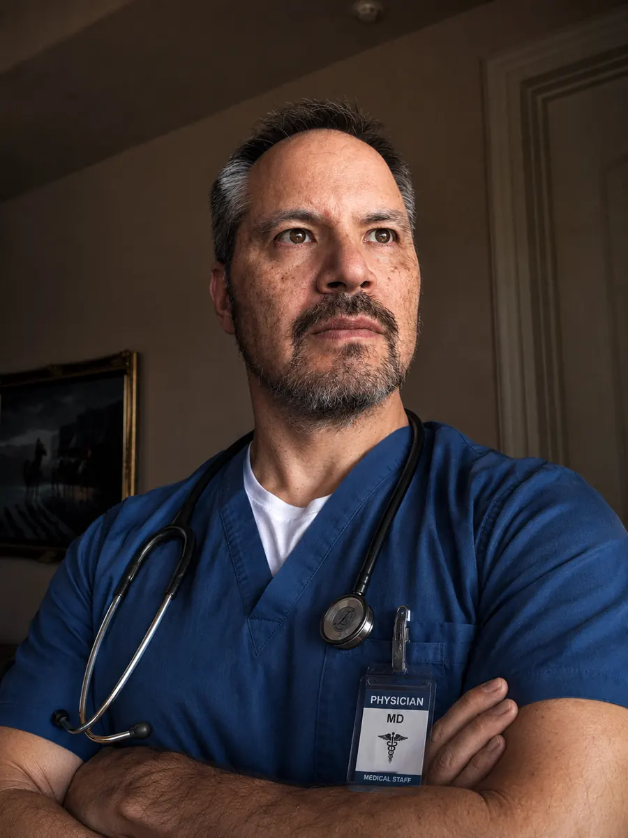 Dr. J.T. Kavanagh in blue scrubs with a stethoscope